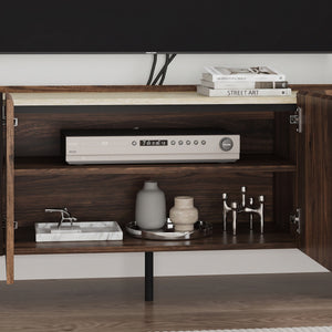 Comoda TV cu 4 usi Trorlon 160x40x55 cm efect lemn nuc/travertin decor/negru  [en.casa]