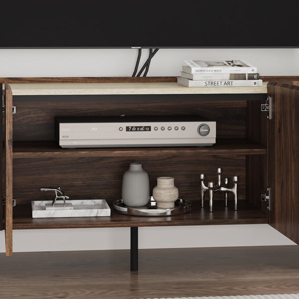 Comoda TV cu 4 usi Trorlon 160x40x55 cm efect lemn nuc/travertin decor/negru  [en.casa]