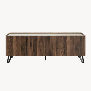 Comoda TV cu 4 usi Trorlon 160x40x55 cm efect lemn nuc/travertin decor/negru  [en.casa]