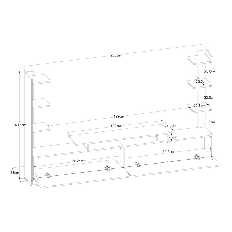 Schiță cotată Comoda TV cu rafturi laterale Rauki 233x31x140,5 cm [en.casa]