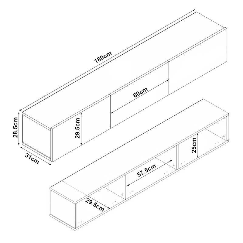 Schiță cotată Dulap TV Vihti 180x31x29,5cm în diferite culori [en.casa]