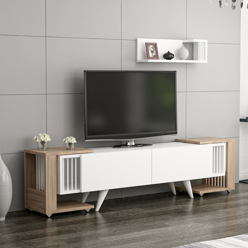 Set mobilier 4 componente suport TV cu raft si 2 mese laterale Glostrup alb stejar [en.casa]