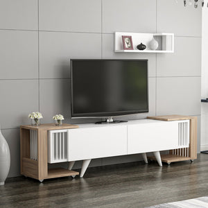 Set mobilier 4 componente suport TV cu raft si 2 mese laterale Glostrup alb stejar [en.casa]