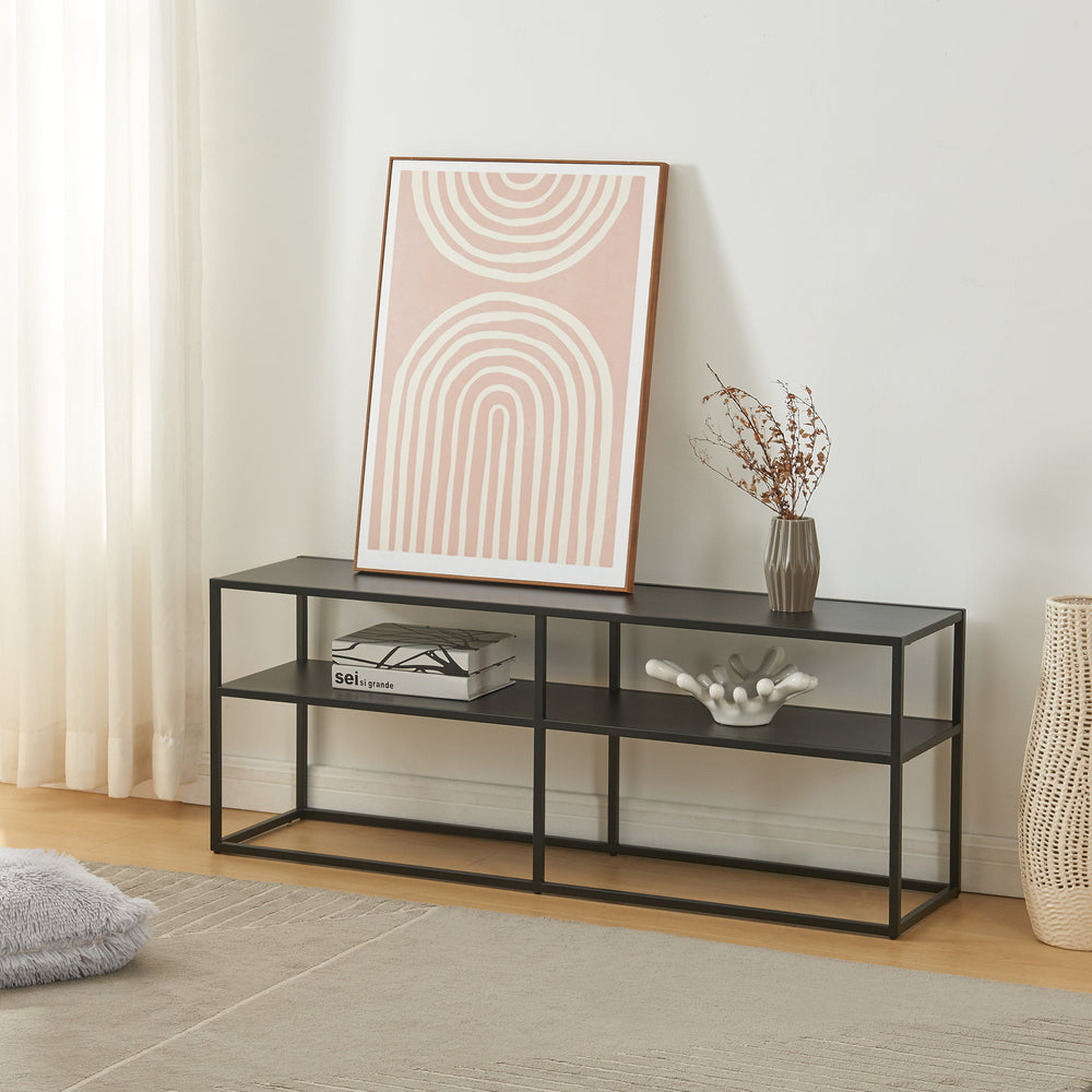 Masa TV Solund 120x30x46 cm metal negru cu 2 rafturi [en.casa]