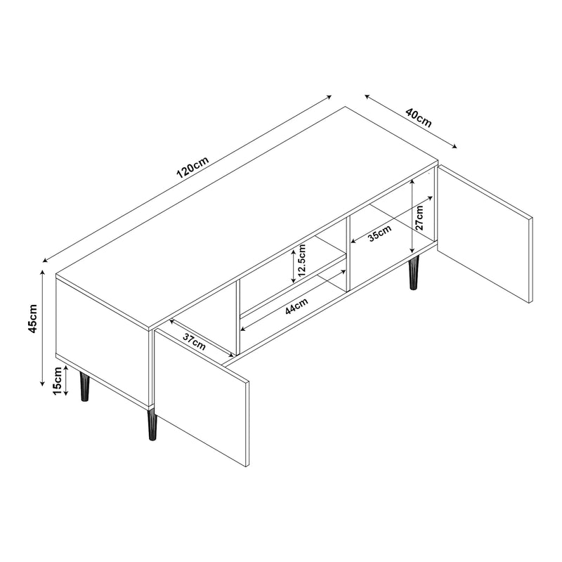 Schiță cotată Comoda TV cu 2 usi si 2 rafturi Starvili 120x40x45 cm [en.casa]