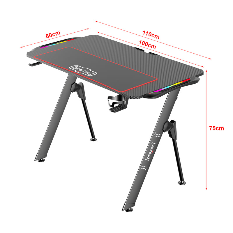 Schiță cotată Masa gaming Stockton negru cu iluminat LED masuri diferite [pro.tec]