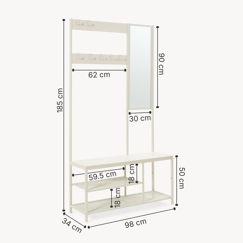 Schiță cotată Cuier haine 4 in 1 Napinerg 185x98x34 cm cu oglinda banca si raft pantofi [en.casa]