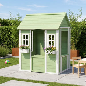 Casuta gradina joaca copii cu ferestre si ghivece pentru flori Kuoldsvin 144x107x90 cm verde/alb [en.casa]