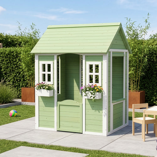 Casuta gradina joaca copii cu ferestre si ghivece pentru flori Kuoldsvin 144x107x90 cm verde/alb [en.casa]