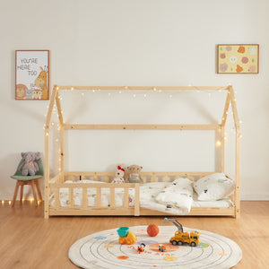 Pat casuta copii Hesel cu grilaj protectie 200x140cm lemn [en.casa]