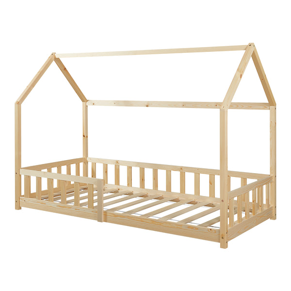 Pat casuta copii Hesel cu grilaj protectie 200x140cm lemn [en.casa]