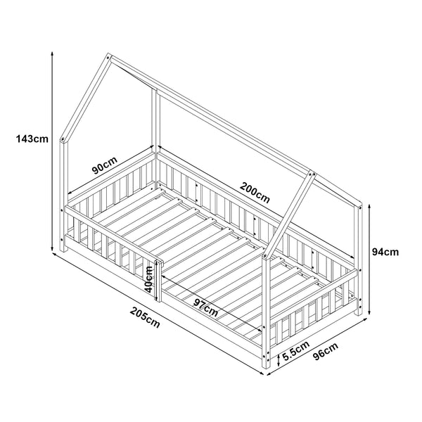 Pat casuta copii Hesel cu grilaj protectie 200x140cm lemn [en.casa]