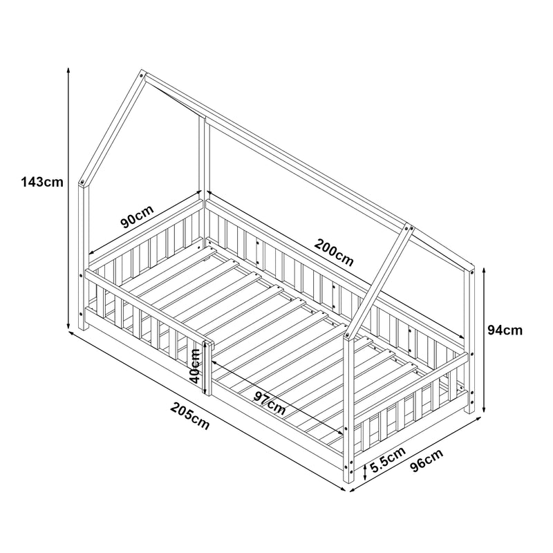 Schiță cotată Pat casuta copii Hesel cu grilaj protectie 200x140cm lemn [en.casa]