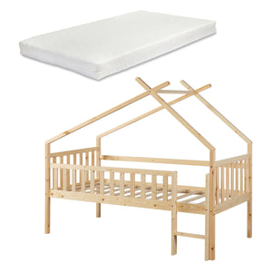 Pat casuta copii Sotkamo 200x90cm 100kg inaltat cu saltea scara si grilaj protectie brad pal [en.casa]