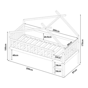 Pat casuta copii Sotkamo 200x90cm 100kg inaltat cu saltea scara si grilaj protectie brad pal [en.casa]