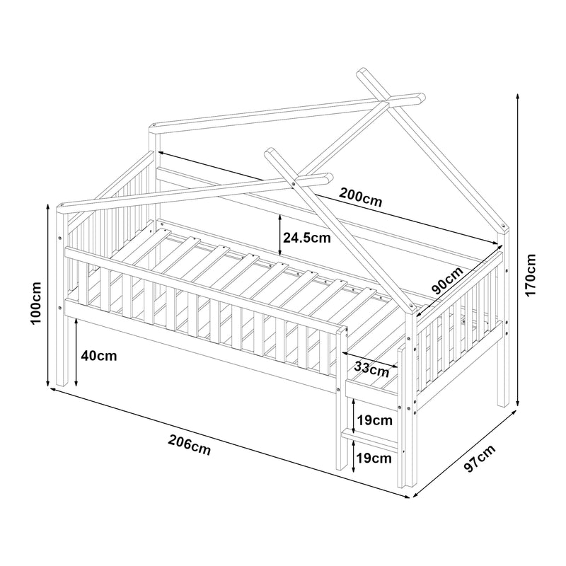 Schiță cotată Pat casuta copii Sotkamo 200x90cm 100kg inaltat cu saltea scara si grilaj protectie brad pal [en.casa]