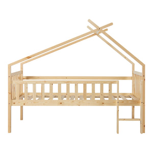 Pat casuta copii Sotkamo 200x90cm 100kg inaltat cu saltea scara si grilaj protectie brad pal [en.casa]