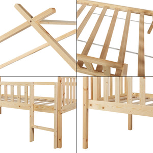 Pat casuta copii Sotkamo 200x90cm 100kg inaltat cu saltea scara si grilaj protectie brad pal [en.casa]
