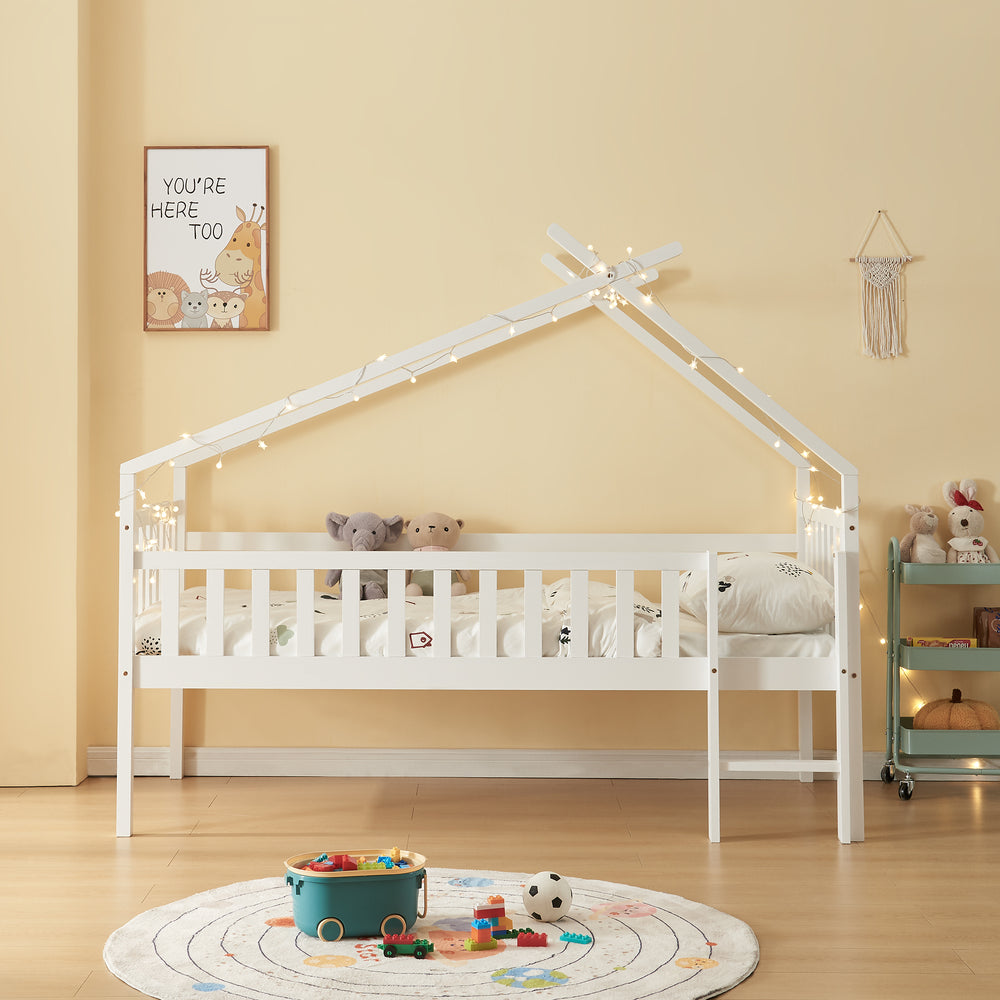 Pat casuta copii Sotkamo 200x90cm 100kg inaltat cu scara si grilaj protectie brad pal [en.casa]