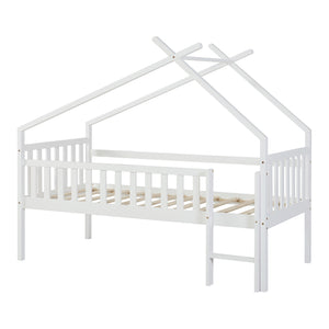 Pat casuta copii Sotkamo 200x90cm 100kg inaltat cu scara si grilaj protectie brad pal [en.casa]