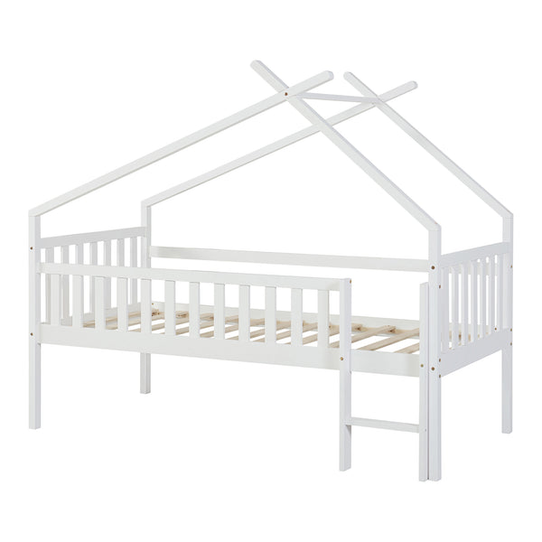 Pat casuta copii Sotkamo 200x90cm 100kg inaltat cu scara si grilaj protectie brad pal [en.casa]
