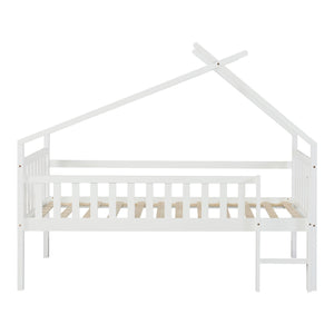Pat casuta copii Sotkamo 200x90cm 100kg inaltat cu scara si grilaj protectie brad pal [en.casa]