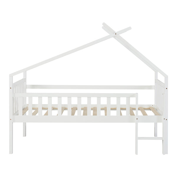 Pat casuta copii Sotkamo 200x90cm 100kg inaltat cu scara si grilaj protectie brad pal [en.casa]