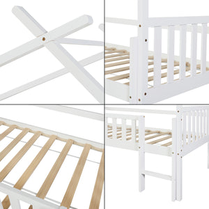 Pat casuta copii Sotkamo 200x90cm 100kg inaltat cu scara si grilaj protectie brad pal [en.casa]