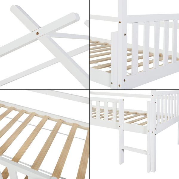 Pat casuta copii Sotkamo 200x90cm 100kg inaltat cu scara si grilaj protectie brad pal [en.casa]