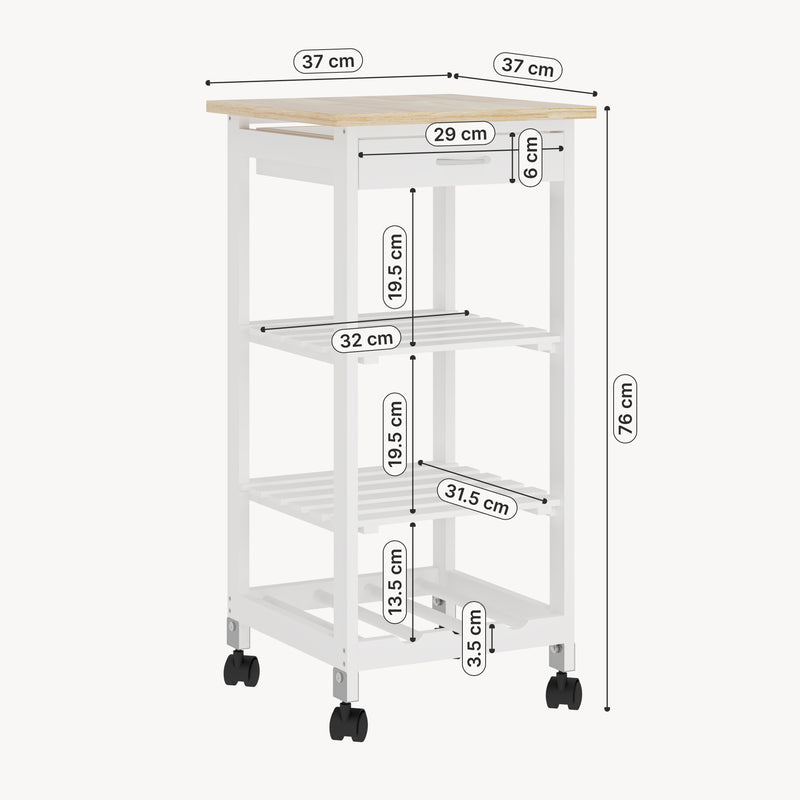 Schiță cotată Carucior servire la masa cu roti sertar si 3 rafturi Biel 76x37x37 cm [en.casa]