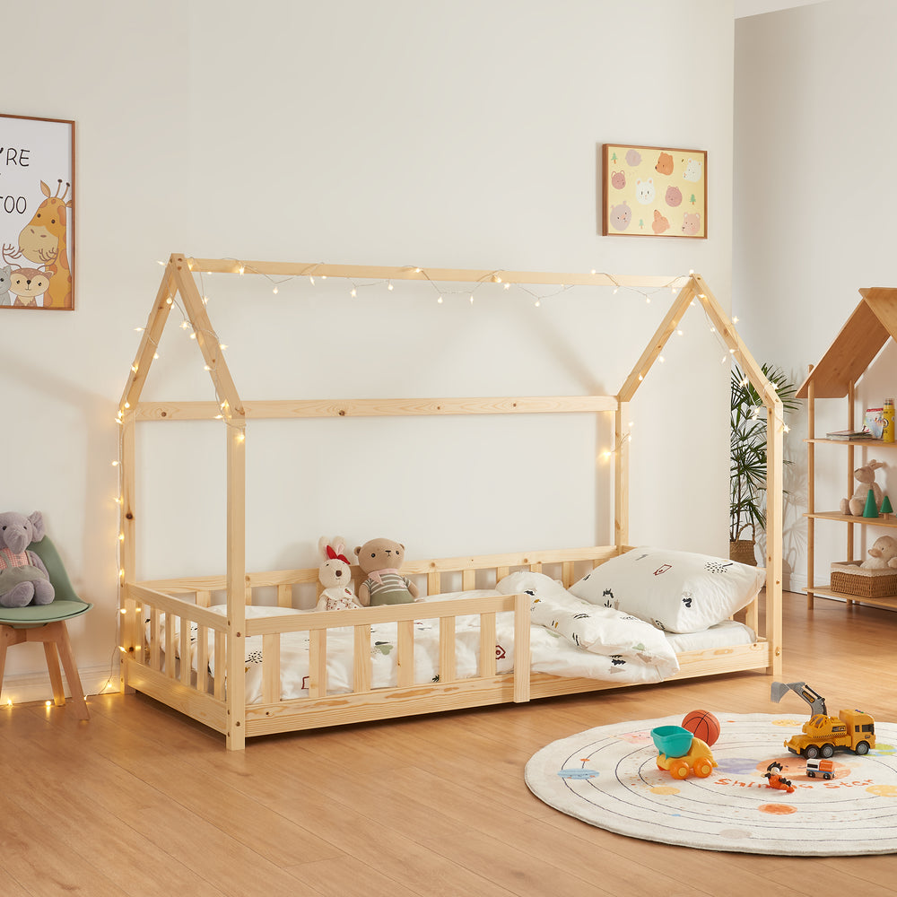 Pat casuta copii Hesel cu grilaj protectie 200x140cm lemn [en.casa]