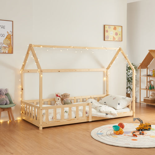 Pat casuta copii Hesel cu grilaj protectie 200x140cm lemn [en.casa]