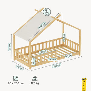 Pat casuta copii Rila in stil Montessori cu grilaj protectie caderi 90x200 cm [en.casa]