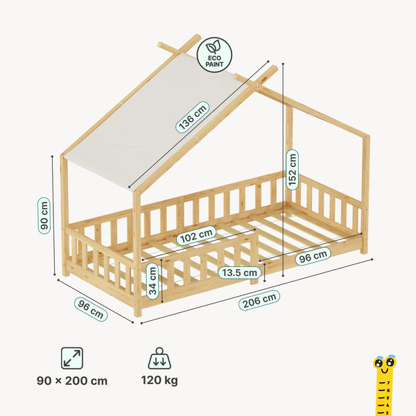 Pat casuta copii Rila in stil Montessori cu grilaj protectie caderi 90x200 cm [en.casa]