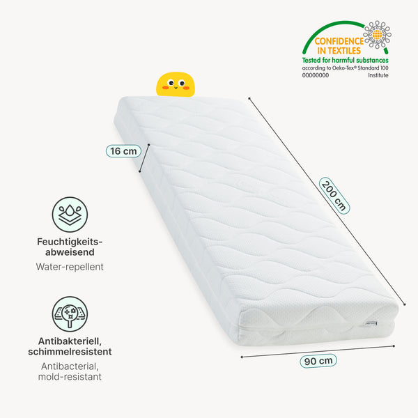 Pat casuta copii Rila stil Montessori cu grilaj protectie si saltea 90x200 cm [en.casa]