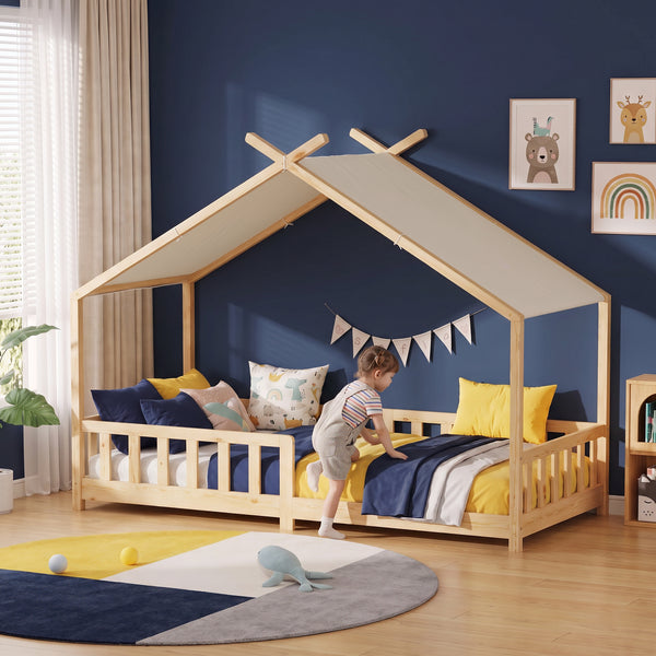 Pat casuta copii Rila in stil Montessori cu grilaj protectie caderi 90x200 cm [en.casa]