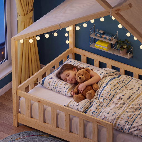 Pat casuta copii Rila stil Montessori cu grilaj protectie si saltea 90x200 cm [en.casa]