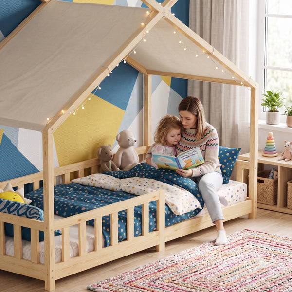 Pat casuta copii Rila in stil Montessori cu grilaj protectie caderi 90x200 cm [en.casa]