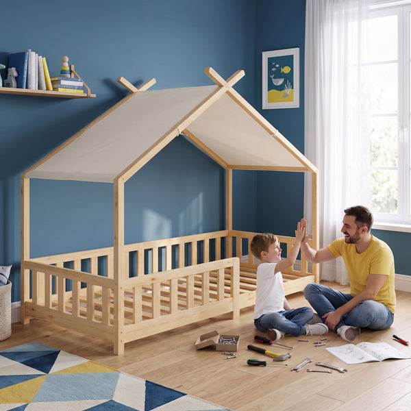 Pat casuta copii Rila in stil Montessori cu grilaj protectie caderi 90x200 cm [en.casa]