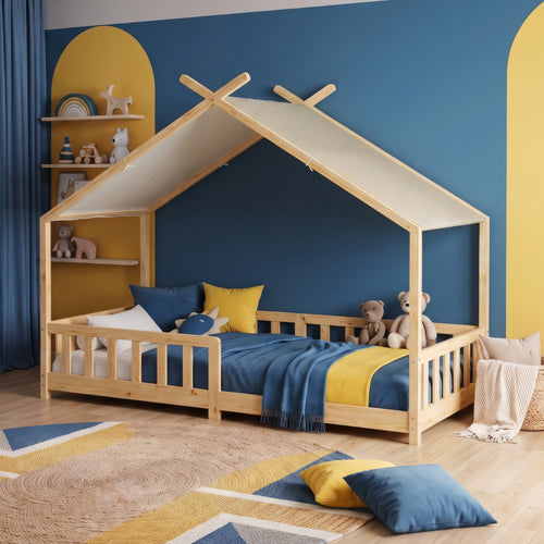 Pat casuta copii Rila in stil Montessori cu grilaj protectie caderi 90x200 cm [en.casa]