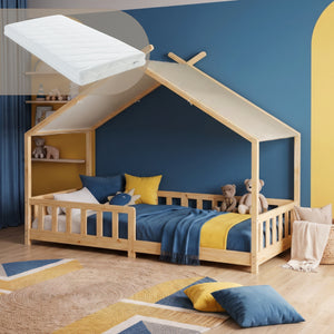 Pat casuta copii Rila stil Montessori cu grilaj protectie si saltea 90x200 cm [en.casa]