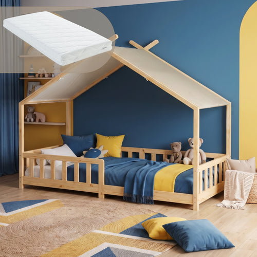 Pat casuta copii Rila stil Montessori cu grilaj protectie si saltea 90x200 cm [en.casa]
