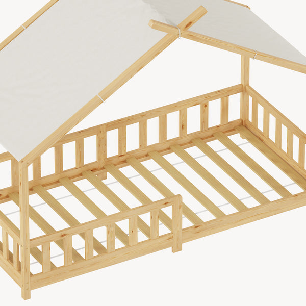 Pat casuta copii Rila in stil Montessori cu grilaj protectie caderi 90x200 cm [en.casa]
