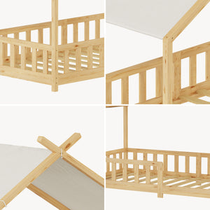 Pat casuta copii Rila stil Montessori cu grilaj protectie si saltea 90x200 cm [en.casa]