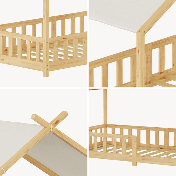 Pat casuta copii Rila stil Montessori cu grilaj protectie si saltea 90x200 cm [en.casa]