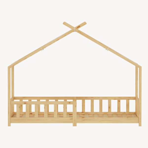 Pat casuta copii Rila in stil Montessori cu grilaj protectie caderi 90x200 cm [en.casa]