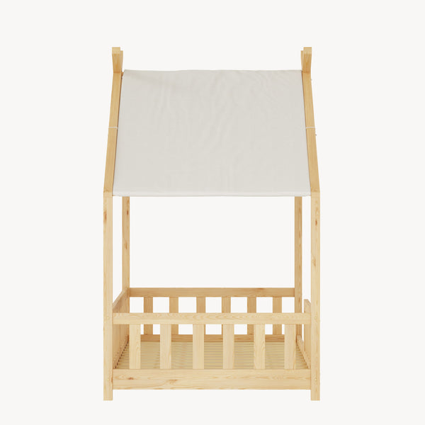 Pat casuta copii Rila in stil Montessori cu grilaj protectie caderi 90x200 cm [en.casa]