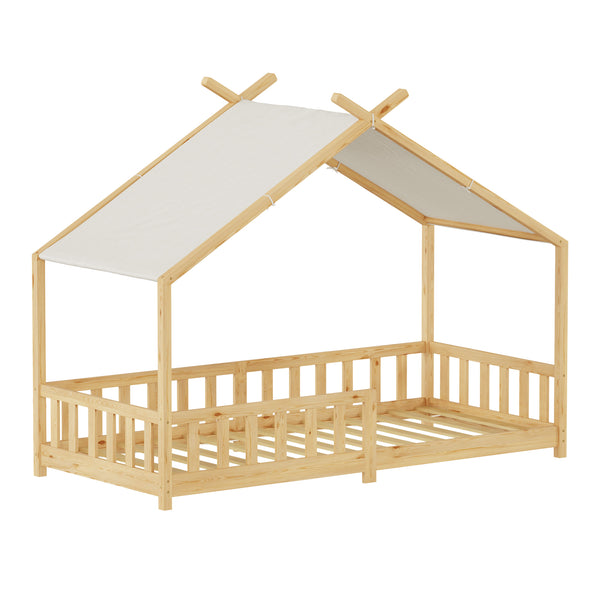 Pat casuta copii Rila in stil Montessori cu grilaj protectie caderi 90x200 cm [en.casa]