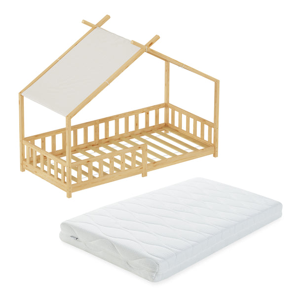 Pat casuta copii Rila stil Montessori cu grilaj protectie si saltea 90x200 cm [en.casa]