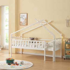 Pat casuta copii Sotkamo 200x90cm 100kg inaltat cu scara si grilaj protectie brad pal [en.casa]